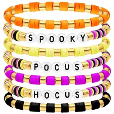 six different colored bracelets with the words spooky, pocus and hocus