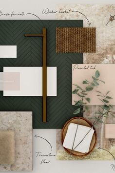 Material Board for a bathroom design Spa Relaxing, Herringbone Tiles, Materials Board Interior Design, Material Board, Bathroom Spa, Green Tile, Green Bathroom