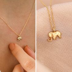 "Introducing the 14k Gold Elephant Necklace, a beautiful and timeless piece of jewelry that showcases the grace and strength of one of nature's most magnificent creatures. Made of high-quality 14k gold, this necklace is both durable and stylish, making it a perfect addition to any jewelry collection. The intricate design features a detailed elephant pendant that is sure to catch the eye and spark conversations. The elephant is a symbol of good luck, strength, and wisdom, making this necklace not Minimalist Necklace For Birthday Gift, Minimalist Jewelry For Birthday Gifts, Tarnish Resistant Recycled Gold Charm Necklaces As Gift, Tarnish Resistant Recycled Gold Charm Necklace As Gift, Dainty Jewelry For Birthday Gift, Minimalist Jewelry For Mother's Day Birthday Gift, Dainty Jewelry For Birthday, Dainty 14k Gold Charm Necklace For Birthday, Simple Tarnish-resistant Charm Necklace For Gift