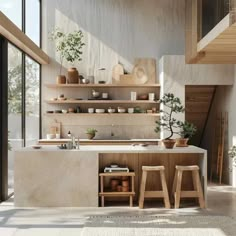 a kitchen with two stools next to a counter and shelves filled with pots, bowls and other items