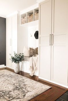 a living room with white cabinets and a rug in front of the couch, on top of a hard wood floor