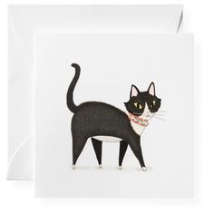 a card with a black cat on it's front and side, in white background