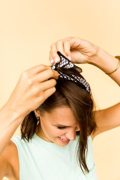 Learn to style one square bandana in 6 different ways, with step by step photos and instructions to explain each one. #hairtutorial #bandanastyling #hairstyles #squarebandana