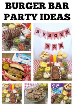 a collage of pictures showing different types of burgers and other foods on a table