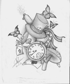 a pencil drawing of a clock with a top hat and butterfly on it's back