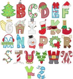 the letters are made up of different types of christmas decorations and numbers, including one for each letter