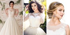 three different styles of wedding gowns with lace and tulle on the bouncy