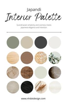 the japanese interior palette is shown with different colors and textures, including black, white, beige