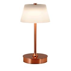 a table lamp with a white shade on it's base and a brown metal base