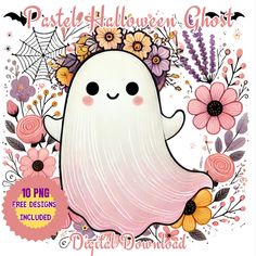 a white ghost with flowers in her hair and text that reads pastel halloween ghost 10 png free designs included