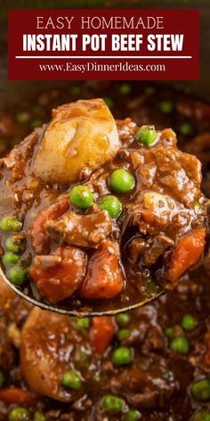 a spoon full of beef stew with peas and potatoes