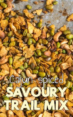 cajun spiced savory trail mix with text overlay that reads cajun spiced savory trail mix