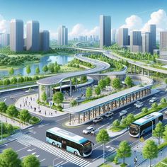 an artist's rendering of a bus station in the middle of a large city