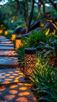 some lights that are sitting in the grass near bushes and trees, along with other plants