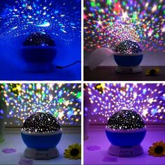 four different shots of fireworks in the night sky and on top of a blue bowl