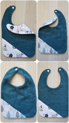 four pictures of bibs with different designs on them, one is blue and the other is white