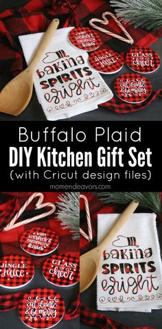 buffalo plaid diy kitchen gift set with cricut design files and wooden spoons