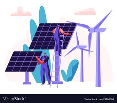 two men working on a solar panel with wind turbines in the backgroung