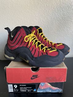 1997 NIKE OG AIR BAKIN SIZE 9 MEN THIS IS A RARE NIKE GEM FOR ANY NIKE HEAD THIS WAS THE PAIR THAT WAS RECALLED DUE TO THE LOGOS. I WOULDN’T RECOMMEND TRYING TO WEAR WEAR THESE . THEY ARE MORE FOR DISPLAY AND COLLECTING PURPOSES UNLESS YOU GET A SOLE SWAP. THE UPPERS ARE STILL BEAUTIFUL AND IN GOOD SHAPE. THE BOX IS NOT DAMAGED EITHER. THERE WAS ONLY ONE OTHER PAIR CURRENTLY ON EBAY FOR NEAR $800 SO YOU KNOWN HOW RARE THIS PAIR IS. IF YOU HAVE ANY MORE QUESTIONS FEEL FREE TO ASK. Rare Nikes, Nike Air, Athletic Shoes, Red And White, Men's Shoes, White And Black, Shoe Accessories, Mens Accessories, Feel Free