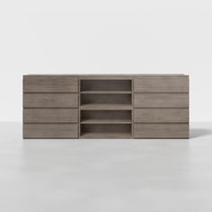 the sideboard is made out of wood and has two open shelves on each side