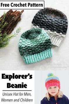 two knitted hats with text overlay that reads, explore's beanie unisex hat for men, women and children