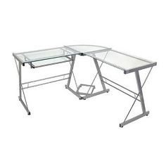 two glass desks with metal legs on white background