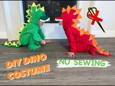 two children in dinosaur costumes standing next to each other with the words diy dino costume no sewing