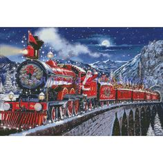 a painting of a red train traveling over a bridge in the snow with christmas decorations on it