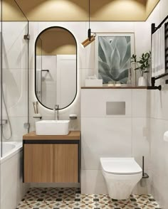 a bathroom with a toilet, sink and mirror in it's center wall area