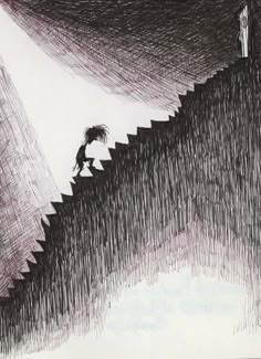 a drawing of a person walking up some stairs