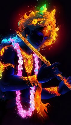 an artistic painting of a woman in neon colors with her hands on her hipster's back