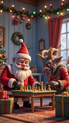 an animated christmas scene with santa claus playing chess and a wolf looking at the board