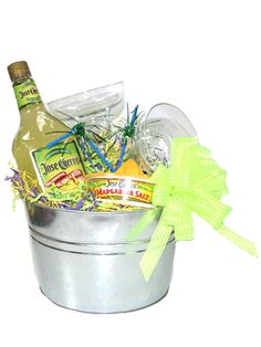 a silver bucket filled with assorted items