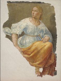 a painting of a woman sitting down with her hand on her hip and wearing a yellow skirt