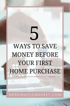 hands shaking over a laptop with the text 5 ways to save money before your first home purchase