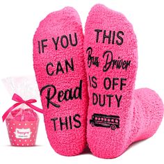 PRICES MAY VARY. SCHOOL BUS DRIVER SOCKS: Dark pink fuzzy bus driver socks that say it all - "IF YOU CAN READ THIS, THIS BUS DRIVER IS OFF DUTY". These socks are soft, moisture-wicking, and provide excellent comfort, wrapping your feet in cozy warmth. SIZE & MATERIAL: These fuzzy socks are made of plush coral fleece, providing ultimate comfort and warmth. Designed to fit women's shoe sizes 6-10. Our fuzzy socks also feature black non-slip soles, ensuring your safety on wood and tile floors. CUPC Pink Comfortable Socks For Gift, Comfortable Pink Socks For Gift, Comfortable Pink Socks For Gifts, Comfortable Pink Socks As A Gift, Cute Super Soft Socks For Gift, Pink Super Soft Socks For Gift, Cozy Pink Socks For Gifts, Pink Novelty Socks For Gift, Super Soft Playful Socks For Gift