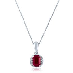 Beautiful and alluring, this ruby and diamond accent pendant is sure to attract attention. Crafted in classic 14K white gold, this sparkling pendant boasts one emerald-cut ruby enhanced by the brilliance of 10 round single cut diamonds and hangs elegantly from a matching 18-inch box chain in 14K white gold. | Ruby and Diamond Accent Pendant Necklace | 14K White Gold | Size 18" | Helzberg Diamonds Elegant White Gold Ruby Necklace, Exquisite White Gold Necklace With Ruby, White Gold Ruby Necklace With Brilliant Cut, White Gold Ruby Necklace With Diamond Cut, Luxury White Gold Ruby Necklace, Helzberg Diamonds, Ruby Stone, Emerald Stone, Ruby Jewelry