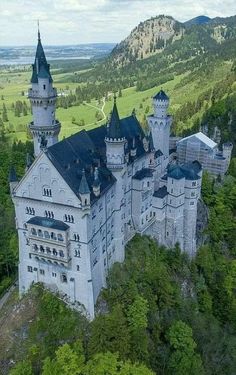 an aerial view of a castle surrounded by trees