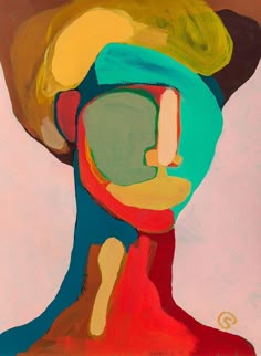 an abstract painting of a woman's head with colorful colors and shapes on it