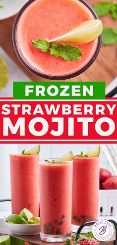 the frozen strawberry mojito recipe is ready to be eaten and served in glasses