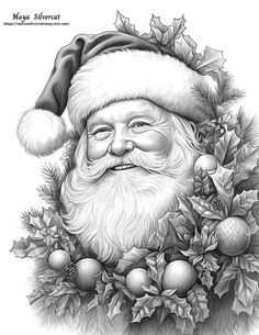 a black and white drawing of santa claus with holly wreaths on his chest, smiling