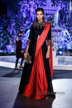 Model walks the ramp for Manish Malhotra on Day 2 of the Lakme Fashion Week Winter/Festive 2016 held in Mumbai Western Blouse Designs, Plazzo Dress, Draping Styles, Reception Outfits, Ethnic Clothes