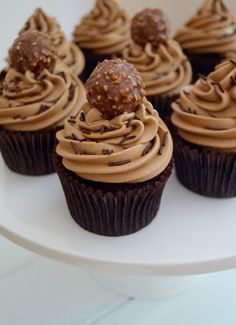 chocolate cupcakes with frosting and sprinkles on a white plate