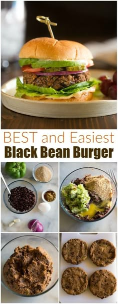 black bean burgers with lettuce, tomato, and other toppings on the side