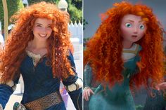 two pictures of the same woman with red hair and blue dress, one has an orange wig