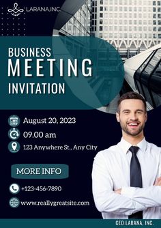 a business meeting flyer with a man in white shirt and tie