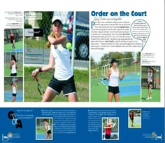 an article in the tennis magazine features photos of women playing tennis and hitting balls with rackets