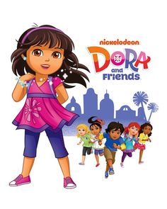 dora and friends movie poster with cartoon characters in the background, including two girls standing next to each other