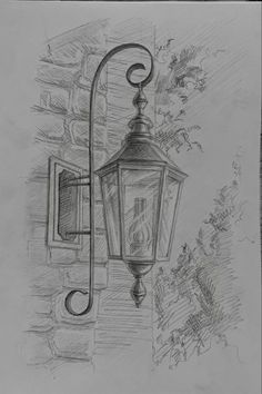 a drawing of a street light on the side of a building