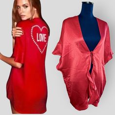 Brand New With Tags! Victoria's Secret Love Red Silky Slip Kimono Robe Size: One Size Fits Most Details: Red Satin W/ White Hearts Love Graphic Short Sleeves Ruffle Trim Lightweight Open Front W/ Tie 100% Polyester Imported Approx. Measurements: Pit To Pit 25.5" Back Length 34" Smoke Free But Pet Friendly Household J-2 Red V-neck Sleepwear For Spring, Chic Red Loungewear Top, Victoria's Secret V-neck Top For Party, Red Summer Loungewear Tops, Red Tops For Summer Loungewear, Victoria's Secret Red Summer Sleepwear, Red Summer Party Sleepwear, Red Sleepwear For Summer Party, Red Short Sleeve Sleepwear For Spring